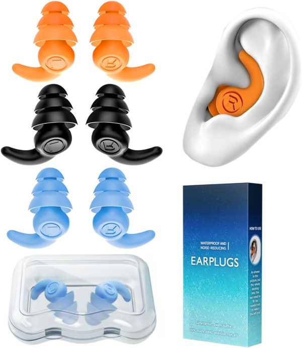 Waterproof Swimming Ear Plugs for Adults, 3 Pairs Reusable Silicone Swimmer Earplugs, Ear Protection for Showering Swimming Bathing Surfing and Other Water...