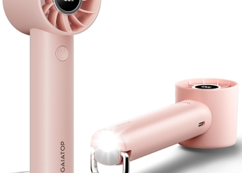 gaiatop Turbo Hand Held Fans with LED Torch Clasp Base, USB Rechargeable Portable Fans Mini Desk Fan, Digital Display