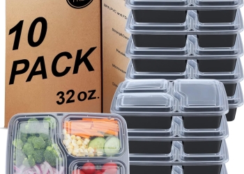 KINGHON Meal Prep Containers – Bento Lunch Boxes 3 Compartment,BPA Free Reusable Plastic Food Storage with Airtight Lids,Freezer, Microwave and Dishwasher Safe [10Pack,32 oz]