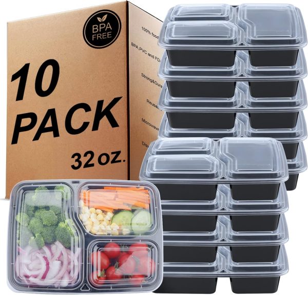 KINGHON Meal Prep Containers - Bento Lunch Boxes 3 Compartment,BPA Free Reusable Plastic Food Storage with Airtight Lids,Freezer, Microwave and Dishwasher Safe [10Pack,32 oz]
